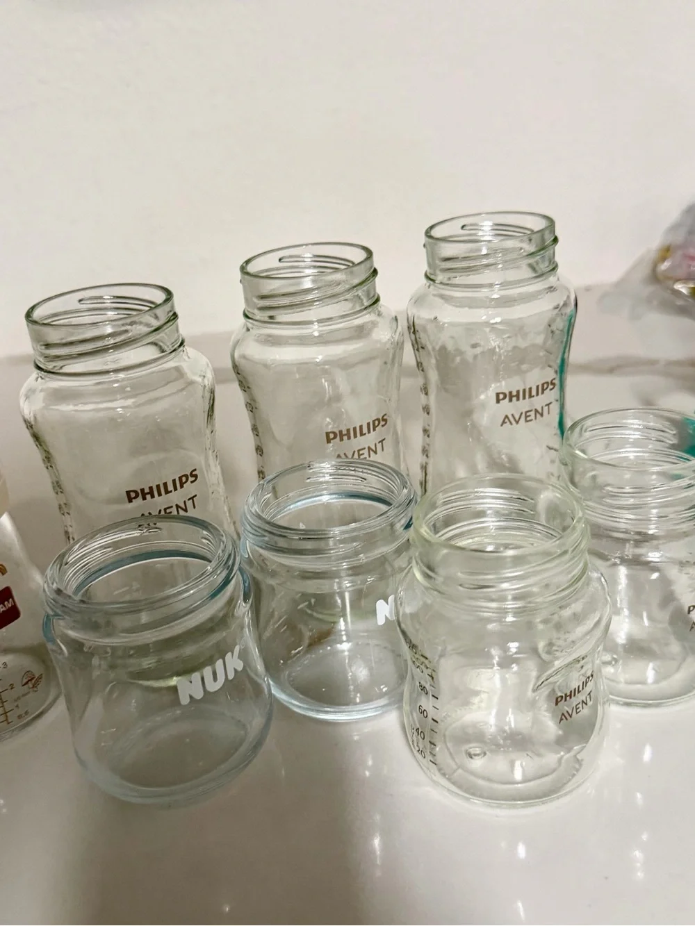 Glass baby bottles Philips Avent, Nuk, and Mam